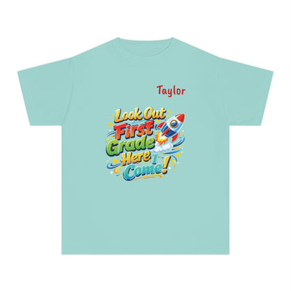 First Grade Here I Come Youth Tee | Rocket Back to School Shirt