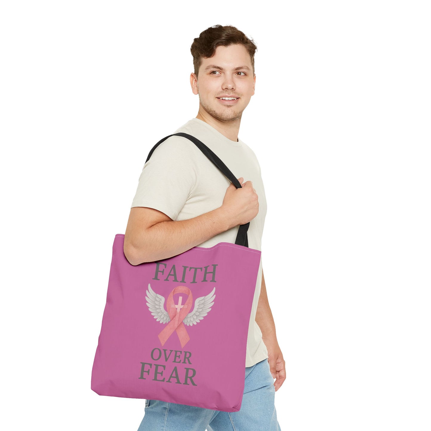 Faith Over Fear Tote Bag - Inspirational, Pink Ribbon, Breast Cancer Awareness, Motivational Gift, Everyday Use