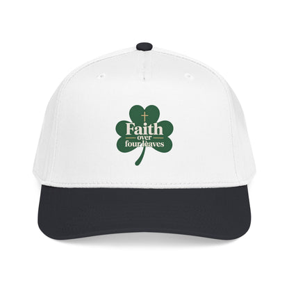 Faith Over Four Leaves Shamrock Mid Profile Baseball Cap | Religious St. Patrick's