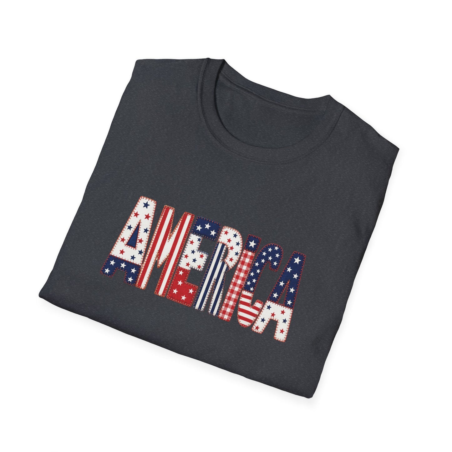 American Flag Patchwork Style Letters T-Shirt | Patriotic Fourth of July Tee
