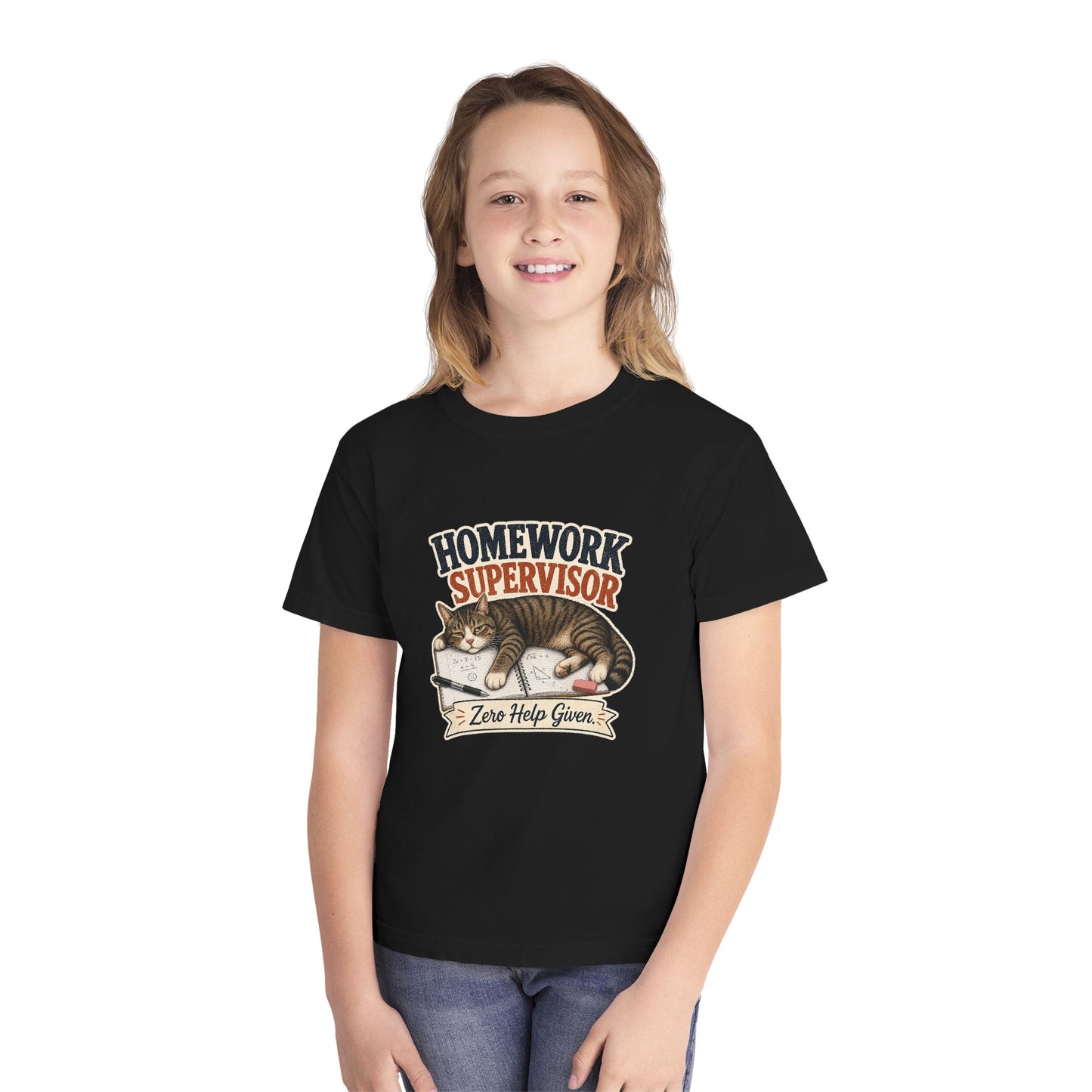 Homework Supervisor Cat Youth Tee | "Zero Help Given" retro kitten design