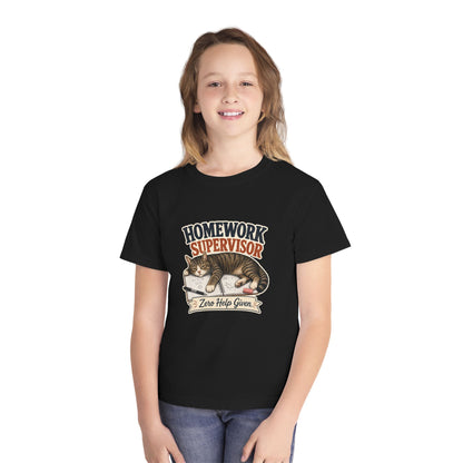 Homework Supervisor Cat Youth Tee | "Zero Help Given" retro kitten design