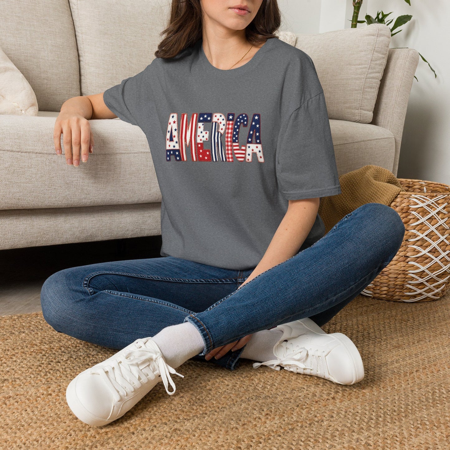 American Flag Patchwork Style Letters T-Shirt | Patriotic Fourth of July Tee