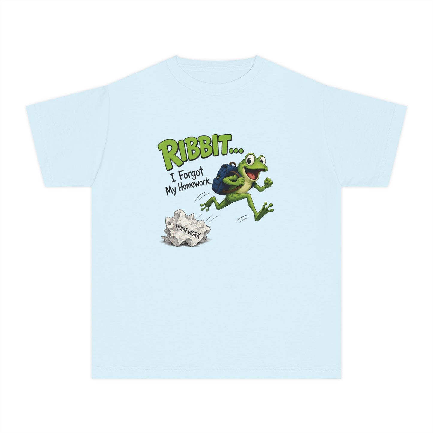 Ribbit Frog Character Youth Tee | Funny Forgot My Homework Design