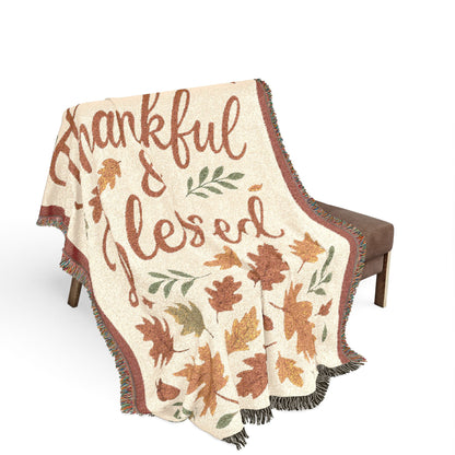 Cozy Woven Blanket, Thankful & Blessed Throw, Autumn Home Decor, Gift for Thanksgiving, Boho Style Blanket, Cozy Living Room Accessory