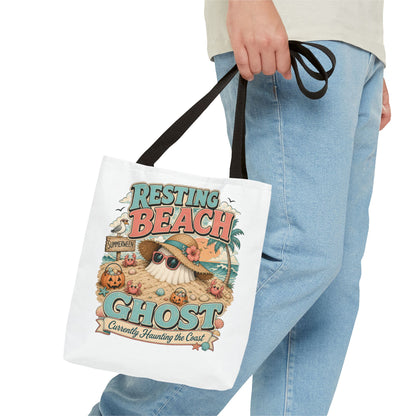 Resting Beach Ghost Tote Bag | Cute Halloween Beach Ghost Illustration