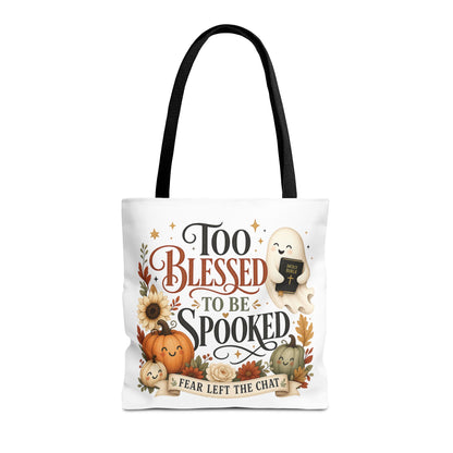 Too Blessed to Be Spooked Tote Bag | Halloween Pumpkin Ghost Fall Leaves