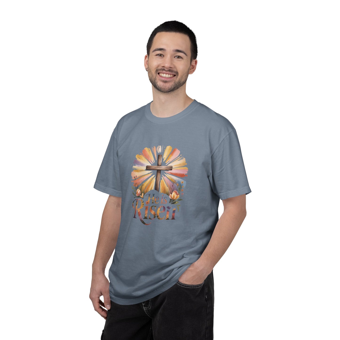 He Is Risen cross sunrise design T-Shirt | Easter faith floral