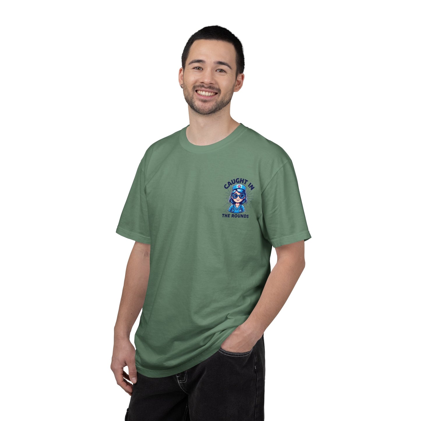 Unisex Graphic Tee - 'Caught in the Rounds', Casual Wear, Gift for Friends, Comfortable Everyday Tee, Fun Summer Shirt, Halloween Nurse