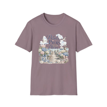 Petals Piers Peace T-Shirt | Coastal Lighthouse Floral Seagulls Design