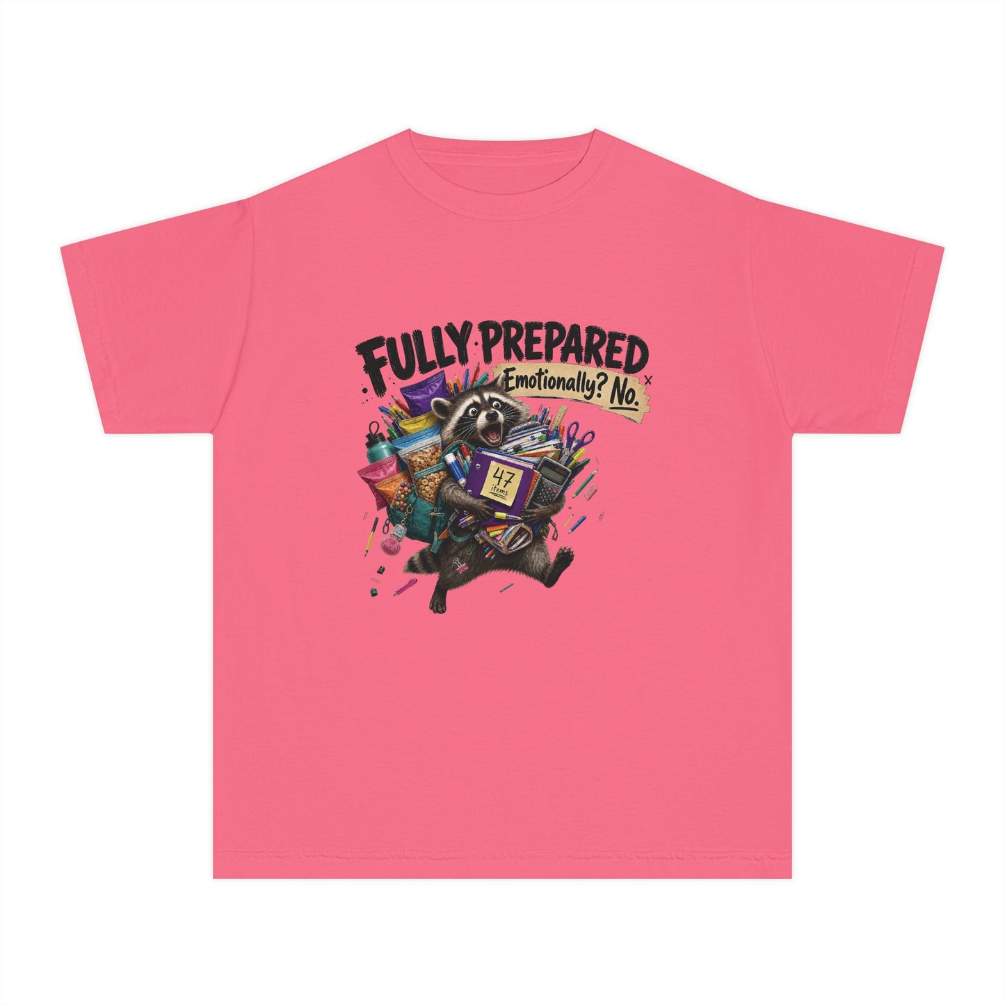 Fully Prepared Raccoon Supplies T-Shirt | Funny Back-to-School Kids Tee