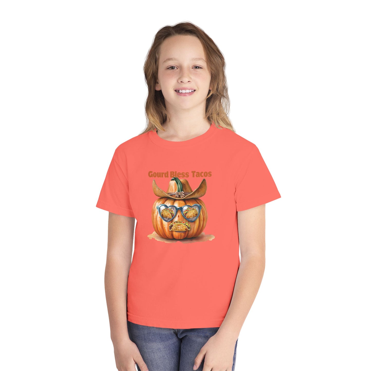 Whimsical Fall Youth Tee - Gourd Bless Tacos, Halloween Shirt, Kids Autumn Apparel, Thanksgiving Humor Top, Funny Seasonal Gift