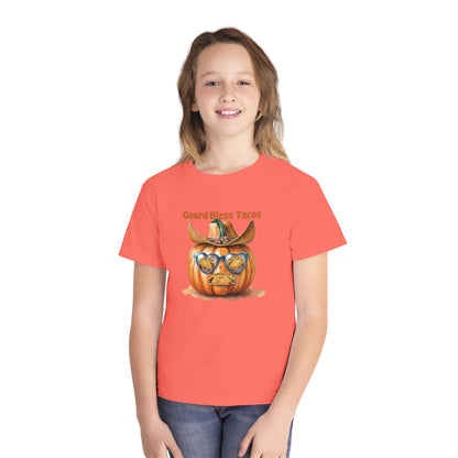 Whimsical Fall Youth Tee - Gourd Bless Tacos, Halloween Shirt, Kids Autumn Apparel, Thanksgiving Humor Top, Funny Seasonal Gift