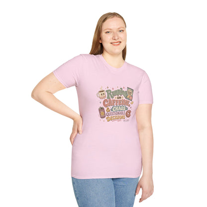 Running on Caffeine & Chaos T-Shirt | Coffee Mug Donut Illustration