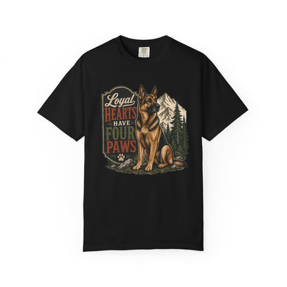 Loyal Hearts Have Four Paws German Shepherd T-shirt | Mountain Forest Dog Design