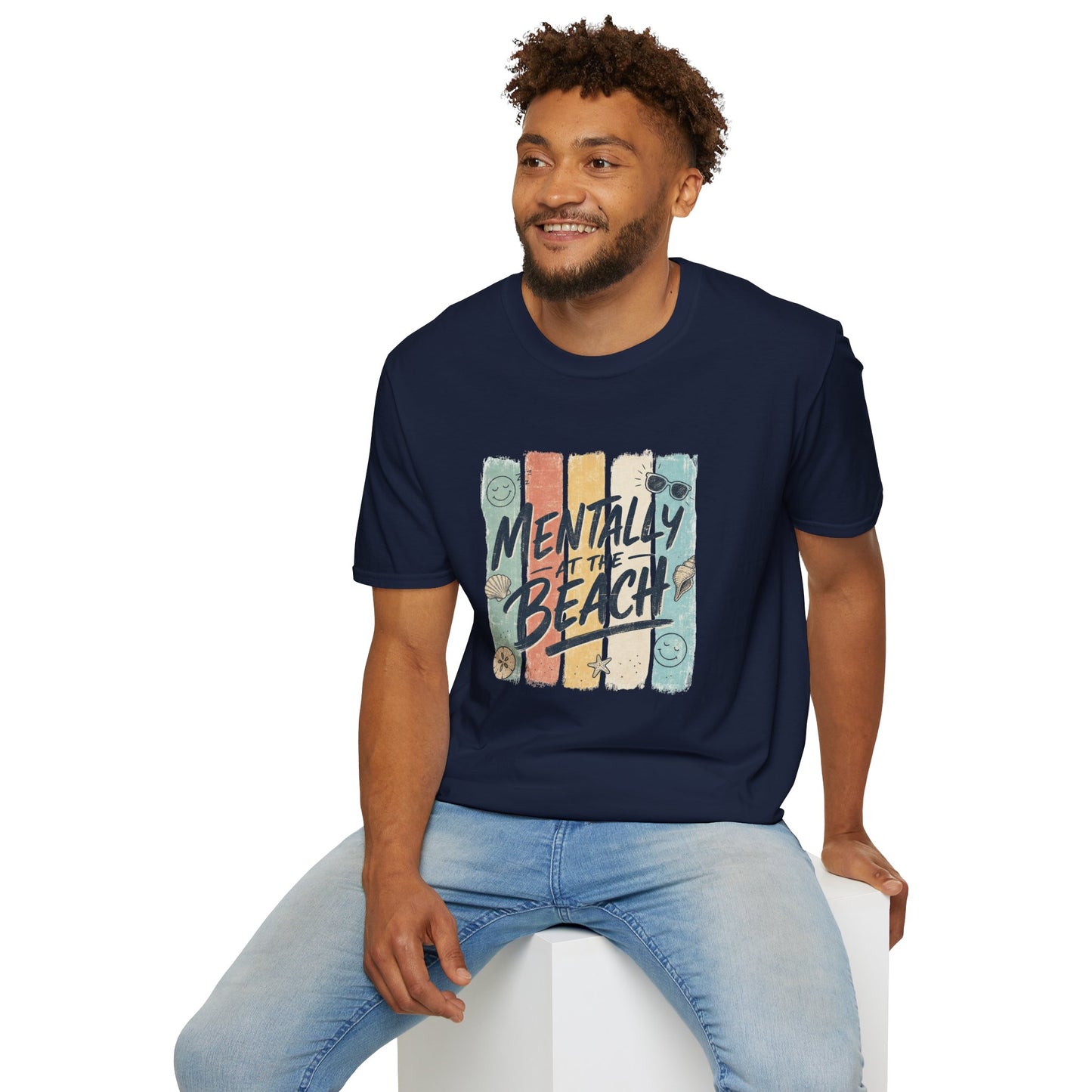 Mentally at the Beach T-Shirt | Retro Stripes, Sunglasses & Seashells