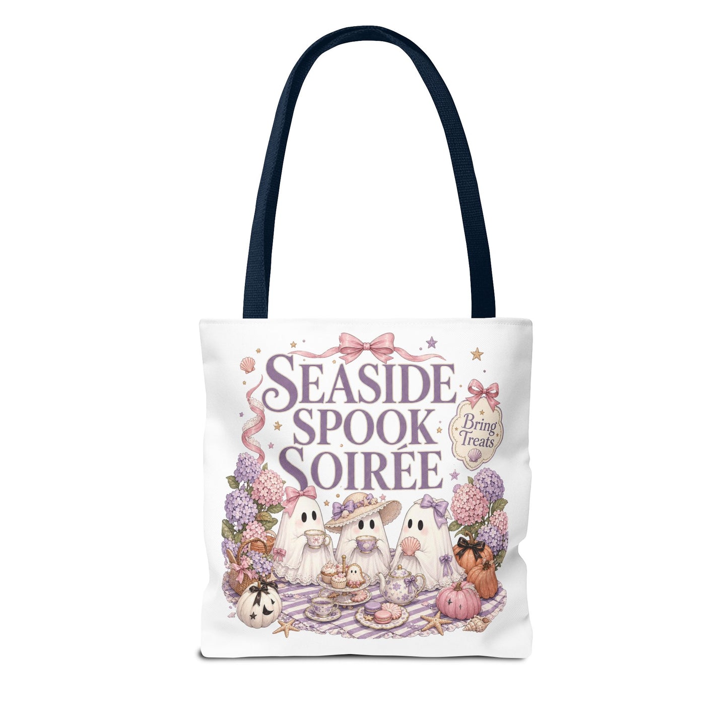 Seaside Spook Soiree Tote Bag | Halloween Ghost Picnic Illustration