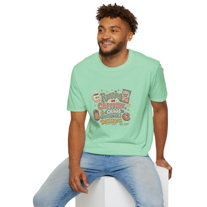 Running on Caffeine & Chaos T-Shirt | Coffee Mug Donut Illustration