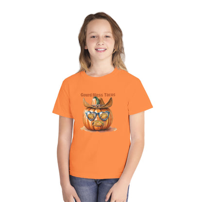Whimsical Fall Youth Tee - Gourd Bless Tacos, Halloween Shirt, Kids Autumn Apparel, Thanksgiving Humor Top, Funny Seasonal Gift