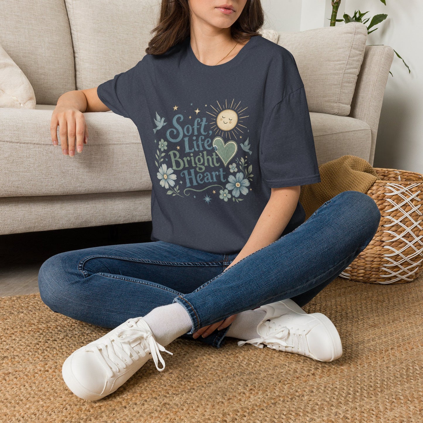 Soft Life Bright Heart T-Shirt | sun, doves, floral graphic