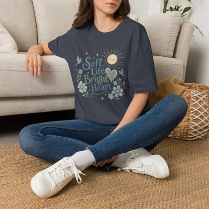 Soft Life Bright Heart T-Shirt | sun, doves, floral graphic