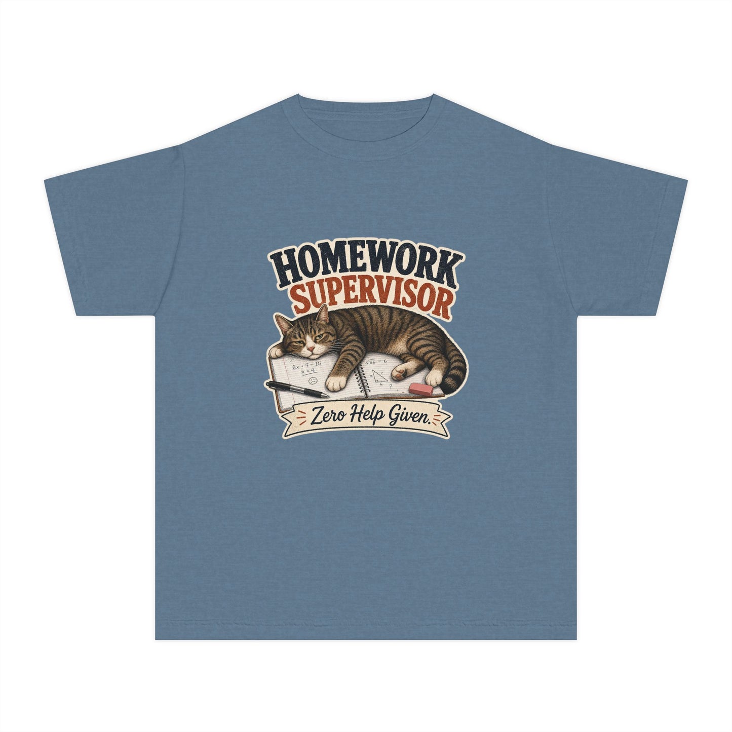 Homework Supervisor Cat Youth Tee | "Zero Help Given" retro kitten design