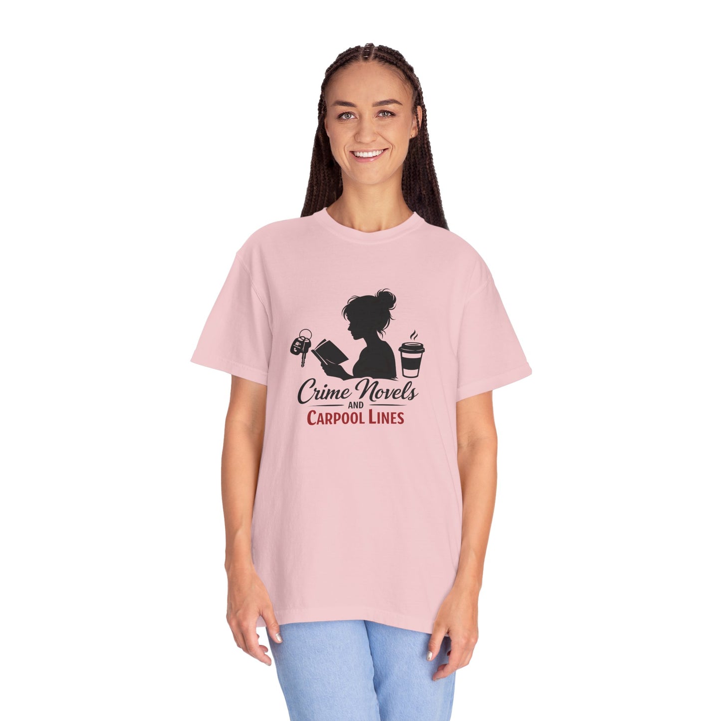 Crime Novels and Carpool Lines T-shirt | Reading Mom Silhouette, Coffee Graphic