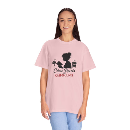 Crime Novels and Carpool Lines T-shirt | Reading Mom Silhouette, Coffee Graphic