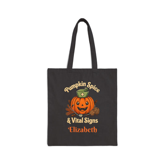 Pumpkin Spice and Vital Signs Tote Bag, Halloween Gift, Fall Accessory, Eco-Friendly Shopping Bag, Personalized Canvas Bag, Nurses Tote