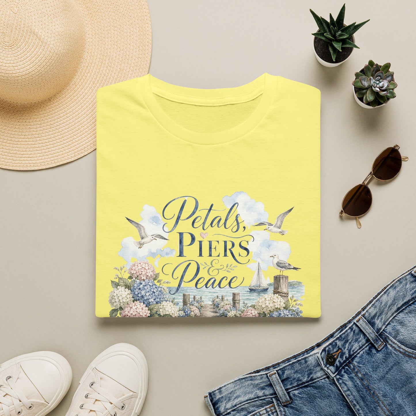 Petals Piers Peace T-Shirt | Coastal Lighthouse Floral Seagulls Design