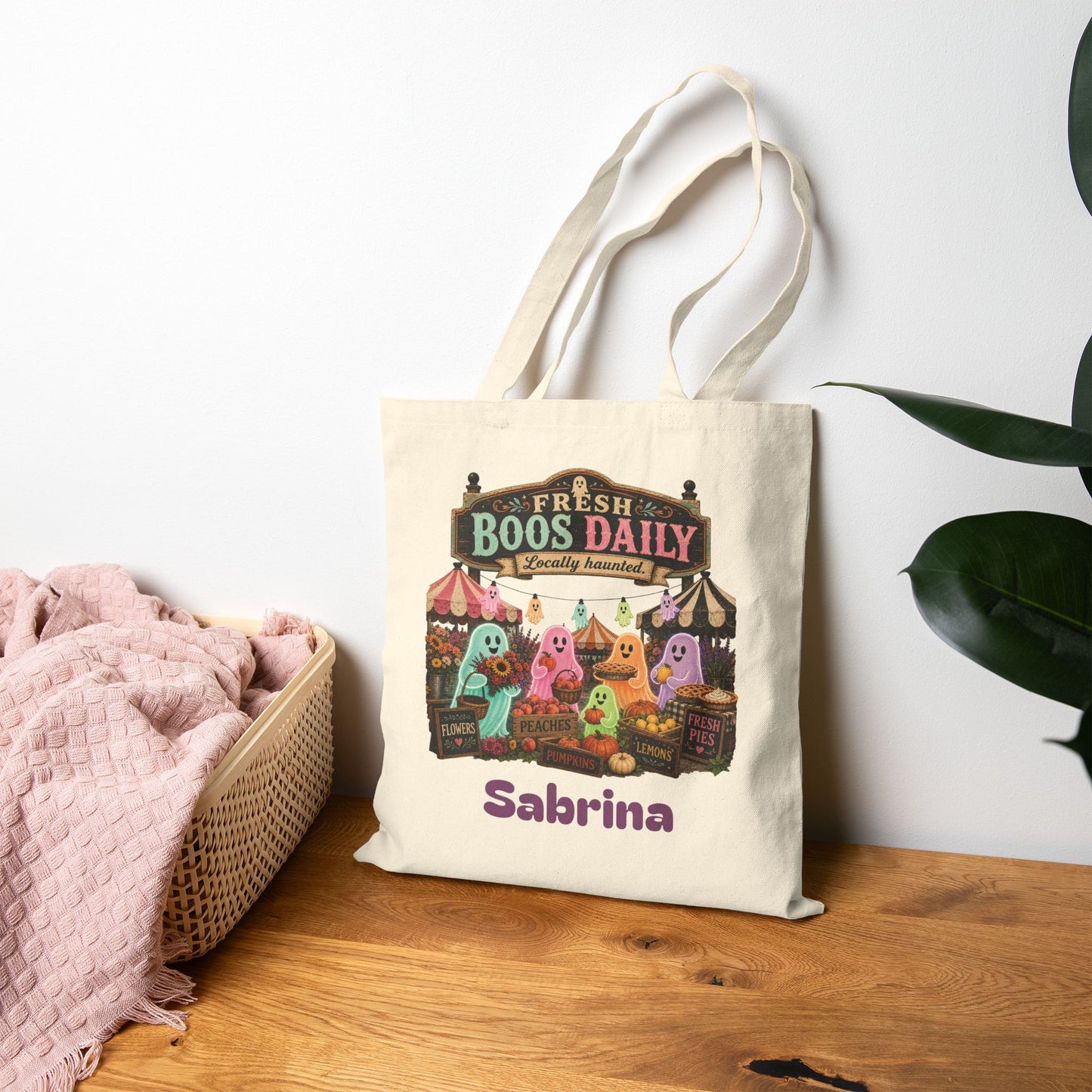Fresh Boos Daily ghost market Tote Bag | Halloween trick-or-treat canvas tote