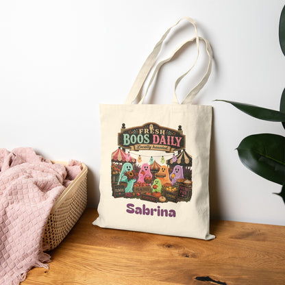 Fresh Boos Daily ghost market Tote Bag | Halloween trick-or-treat canvas tote