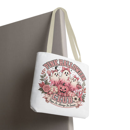 Breast Cancer Awareness Pink Halloween Club ghost trio tote bag | spooky floral pumpkin design
