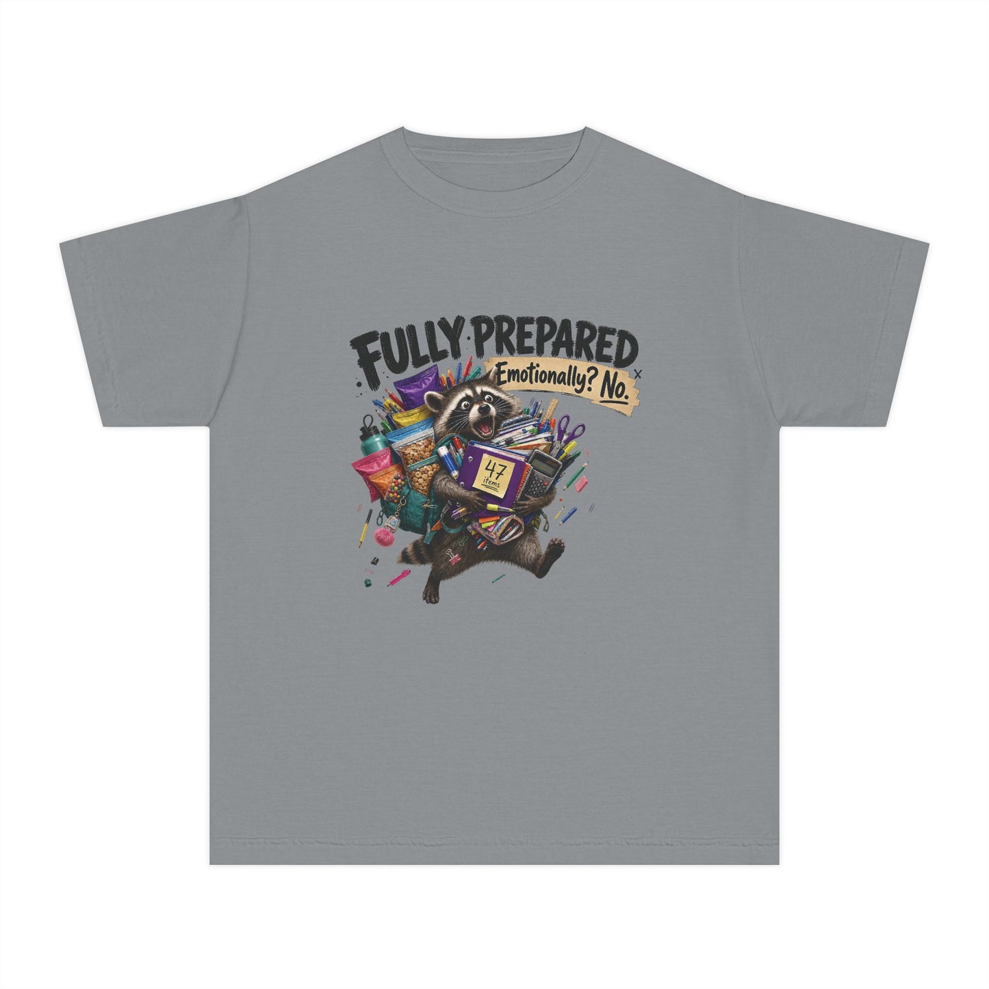 Fully Prepared Raccoon Supplies T-Shirt | Funny Back-to-School Kids Tee