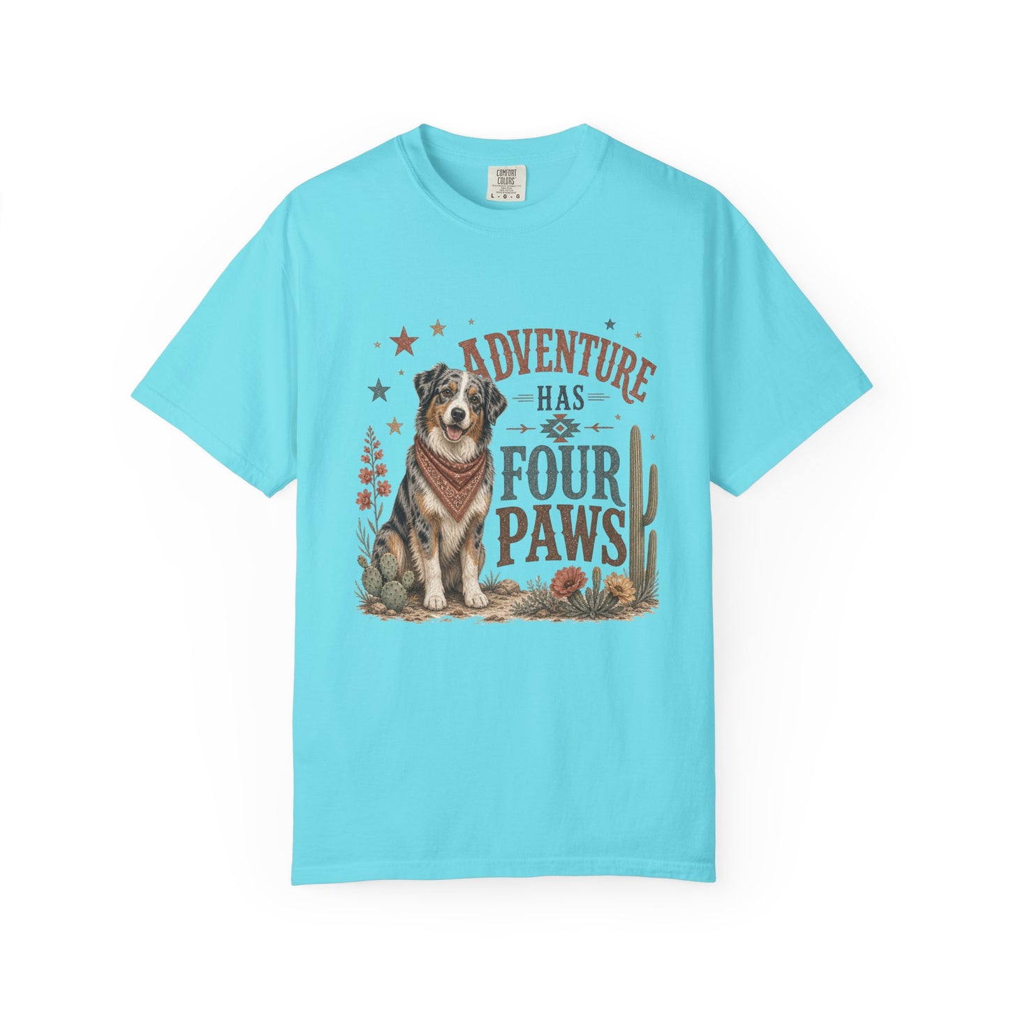 Adventure Has Four Paws T-Shirt | Australian Shepherd Design