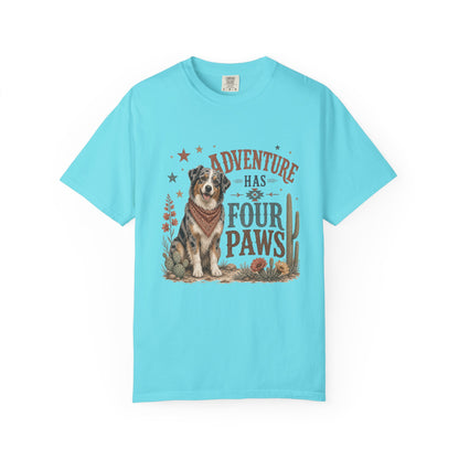 Adventure Has Four Paws T-Shirt | Australian Shepherd Design