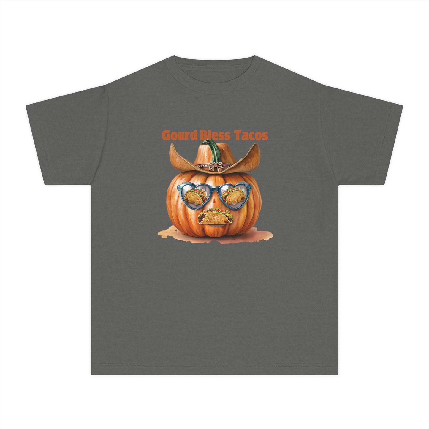 Whimsical Fall Youth Tee - Gourd Bless Tacos, Halloween Shirt, Kids Autumn Apparel, Thanksgiving Humor Top, Funny Seasonal Gift