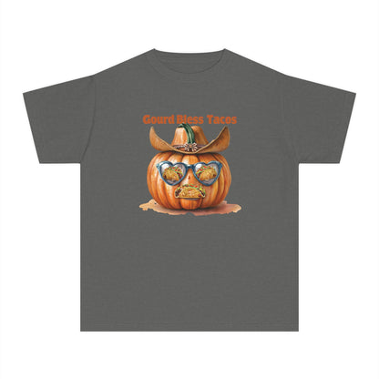 Whimsical Fall Youth Tee - Gourd Bless Tacos, Halloween Shirt, Kids Autumn Apparel, Thanksgiving Humor Top, Funny Seasonal Gift