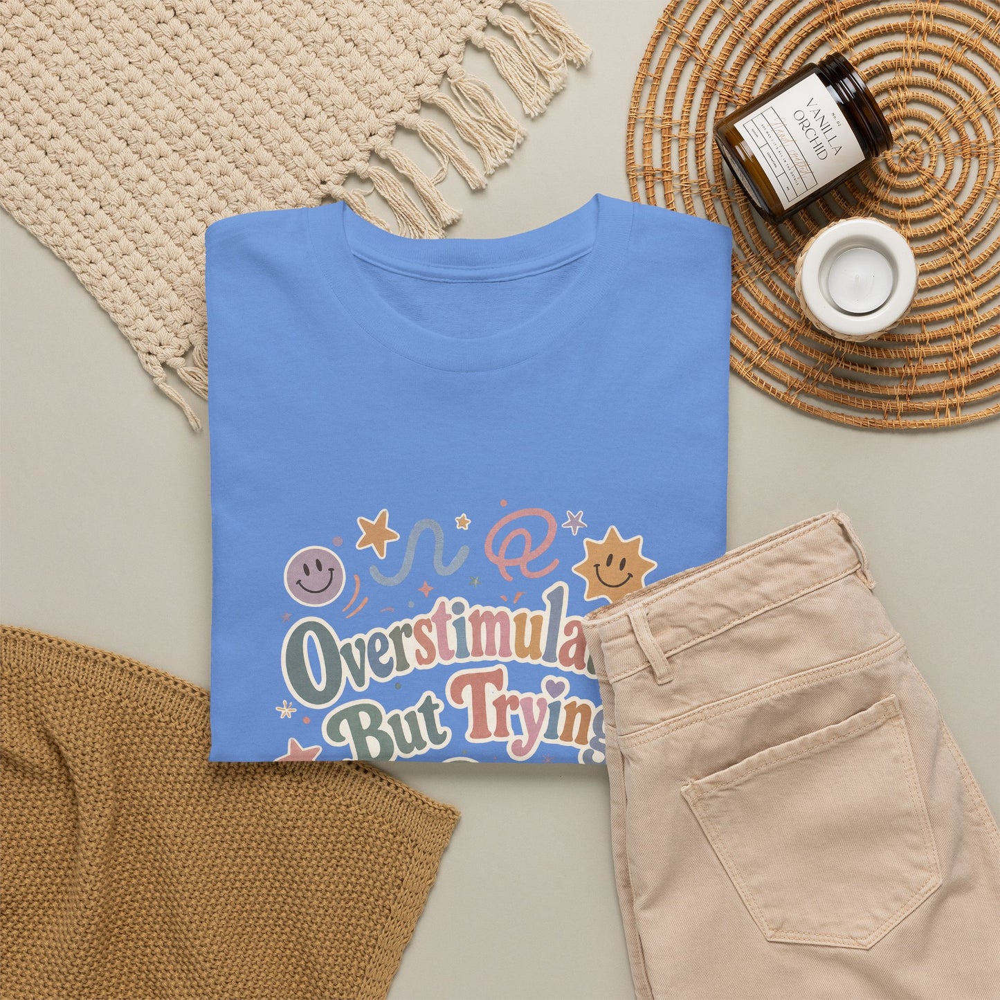 Overstimulated But Trying tee | Funny Mental Health Shirt, Cute Retro Doodles
