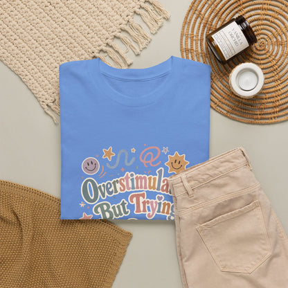 Overstimulated But Trying tee | Funny Mental Health Shirt, Cute Retro Doodles