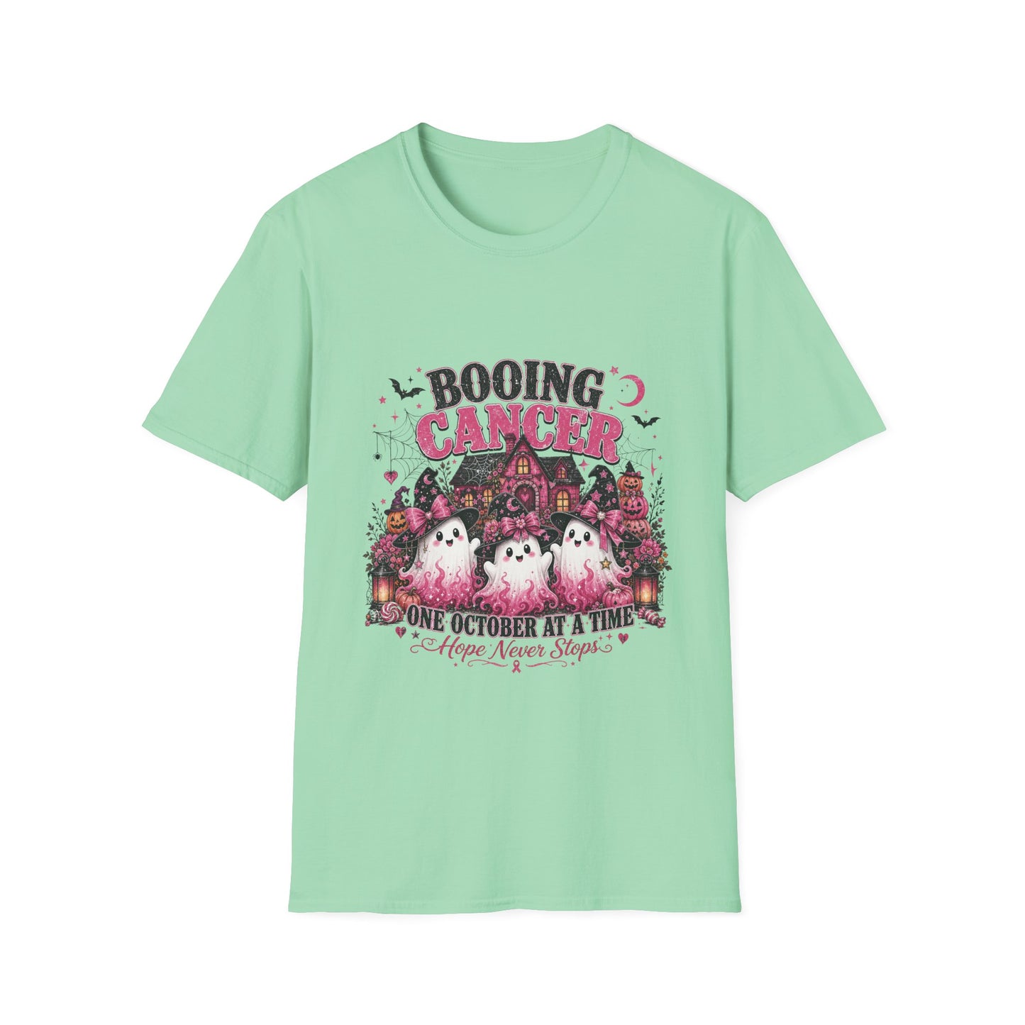 Booing Cancer T-Shirt | Halloween Haunted House, Ghosts, Pink Ribbon Awareness