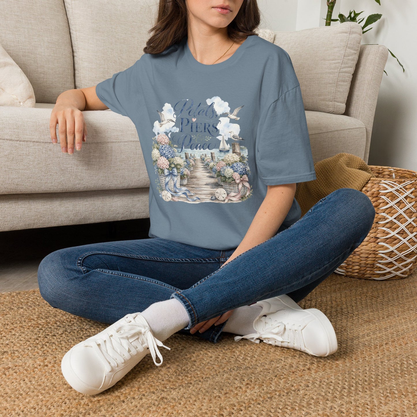 Petals Piers Peace T-Shirt | Coastal Lighthouse Floral Seagulls Design