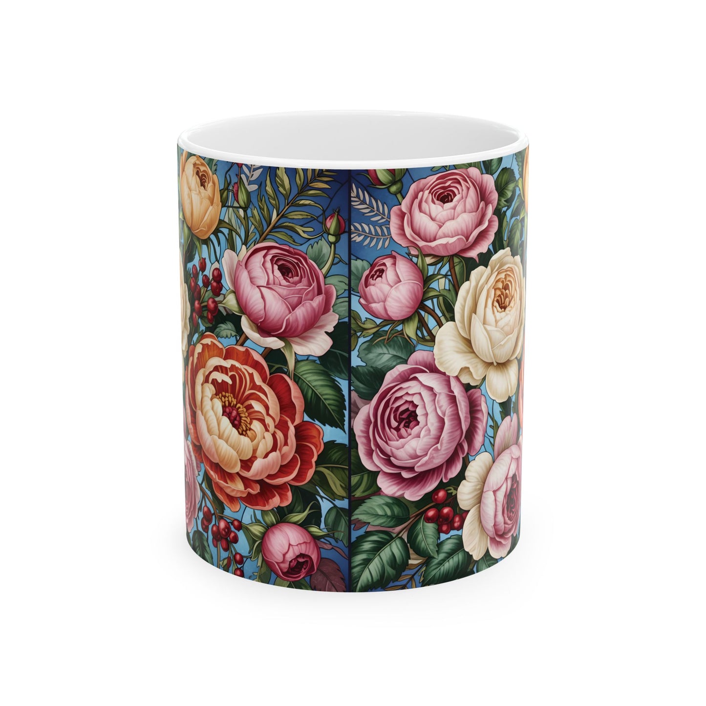 Vintage Rose Floral Pattern Mug | Ceramic Coffee Cup, Botanical Peonies