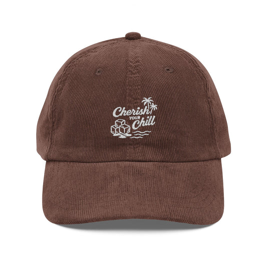 Cap, Vintage Corduroy Cap - Cherish Your Chill. Embroidered Dad Hat, Retro Baseball Cap, Distressed Hat, Hipster Cap, Boho Hat
