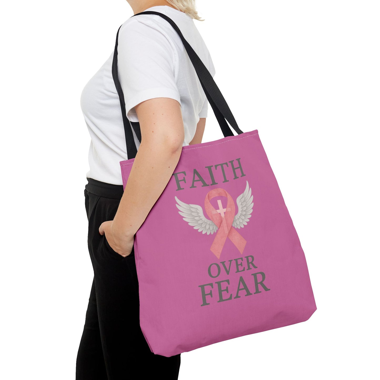 Faith Over Fear Tote Bag - Inspirational, Pink Ribbon, Breast Cancer Awareness, Motivational Gift, Everyday Use