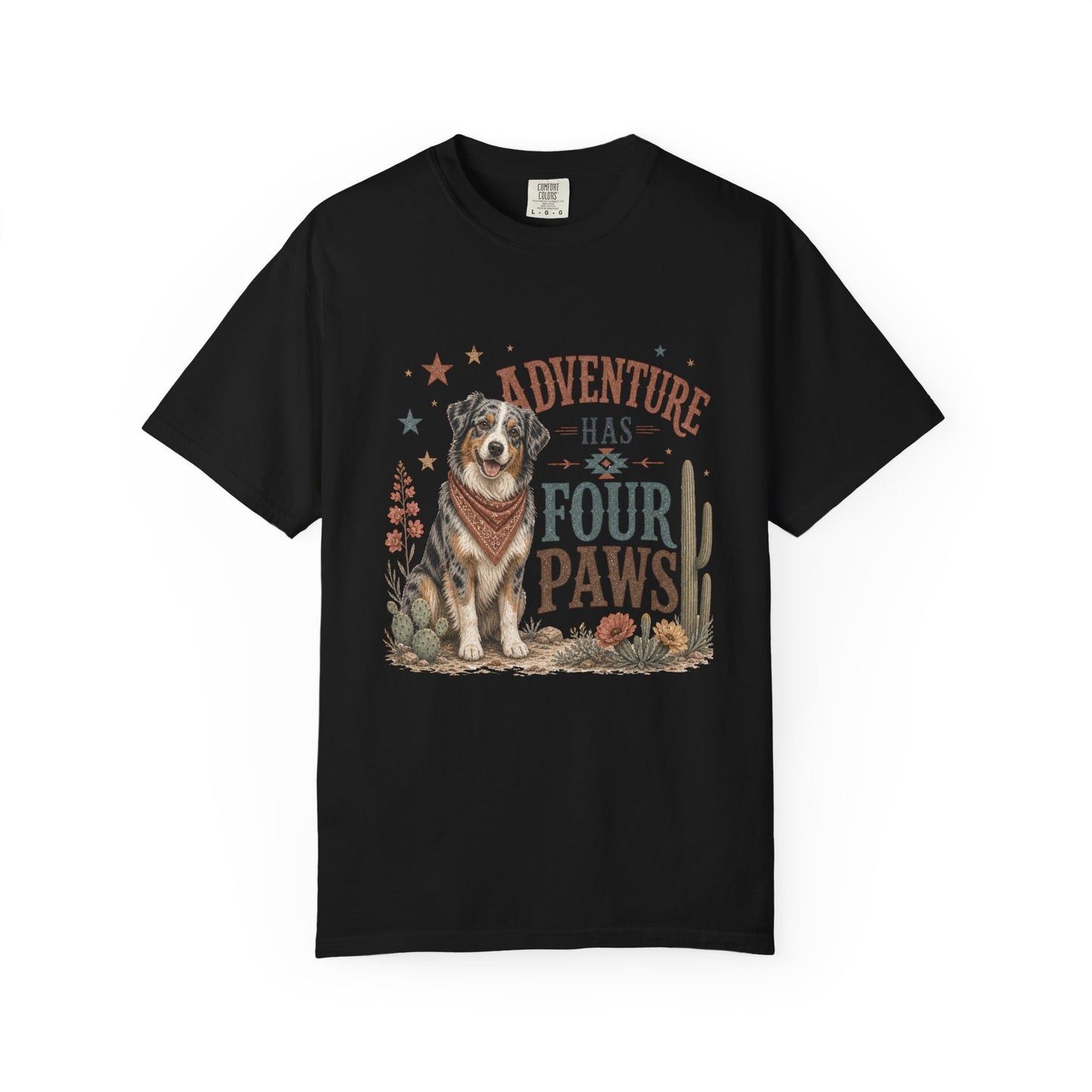 Adventure Has Four Paws T-Shirt | Australian Shepherd Design