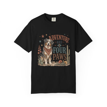 Adventure Has Four Paws T-Shirt | Australian Shepherd Design