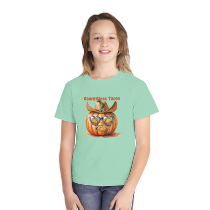 Whimsical Fall Youth Tee - Gourd Bless Tacos, Halloween Shirt, Kids Autumn Apparel, Thanksgiving Humor Top, Funny Seasonal Gift