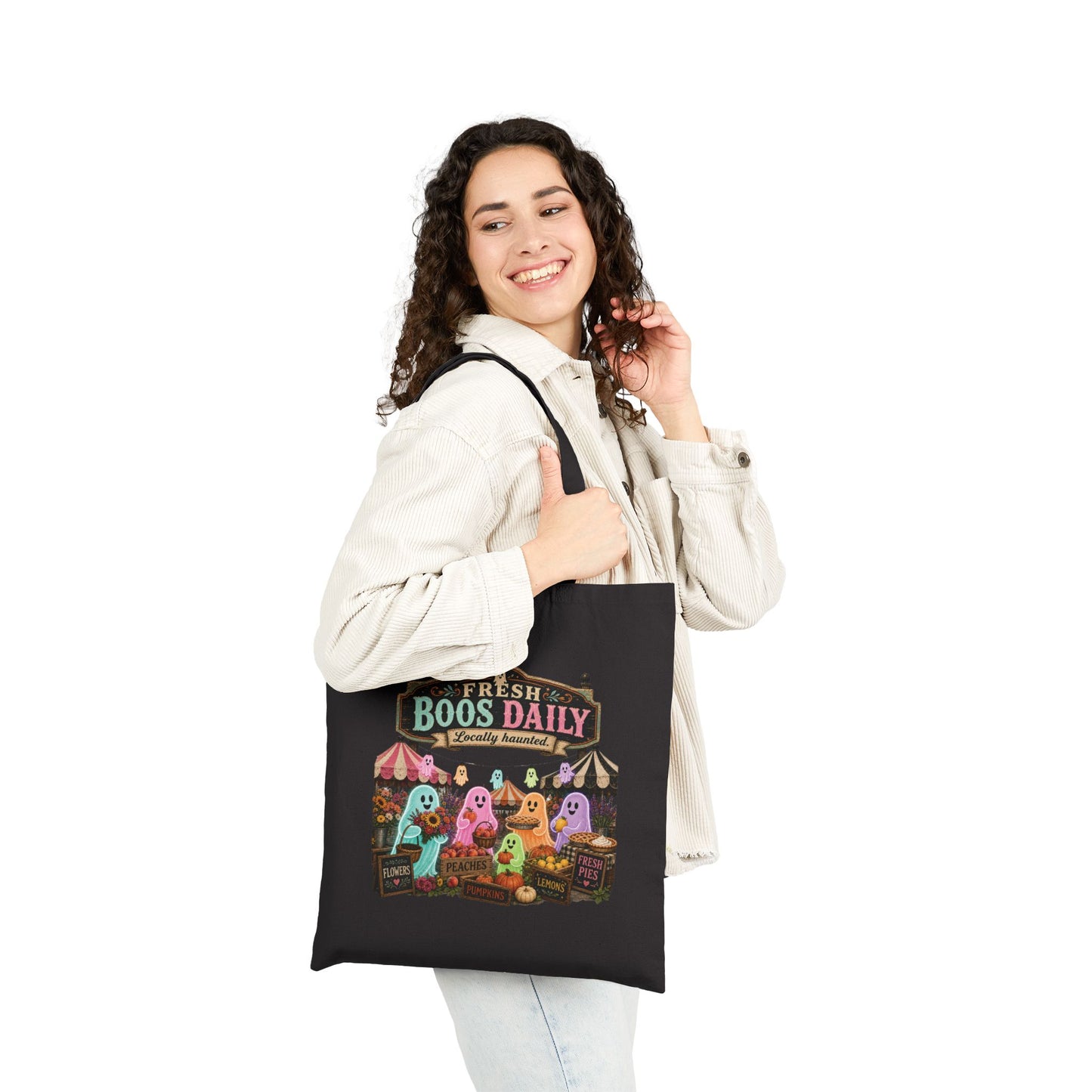 Fresh Boos Daily ghost market Tote Bag | Halloween trick-or-treat canvas tote