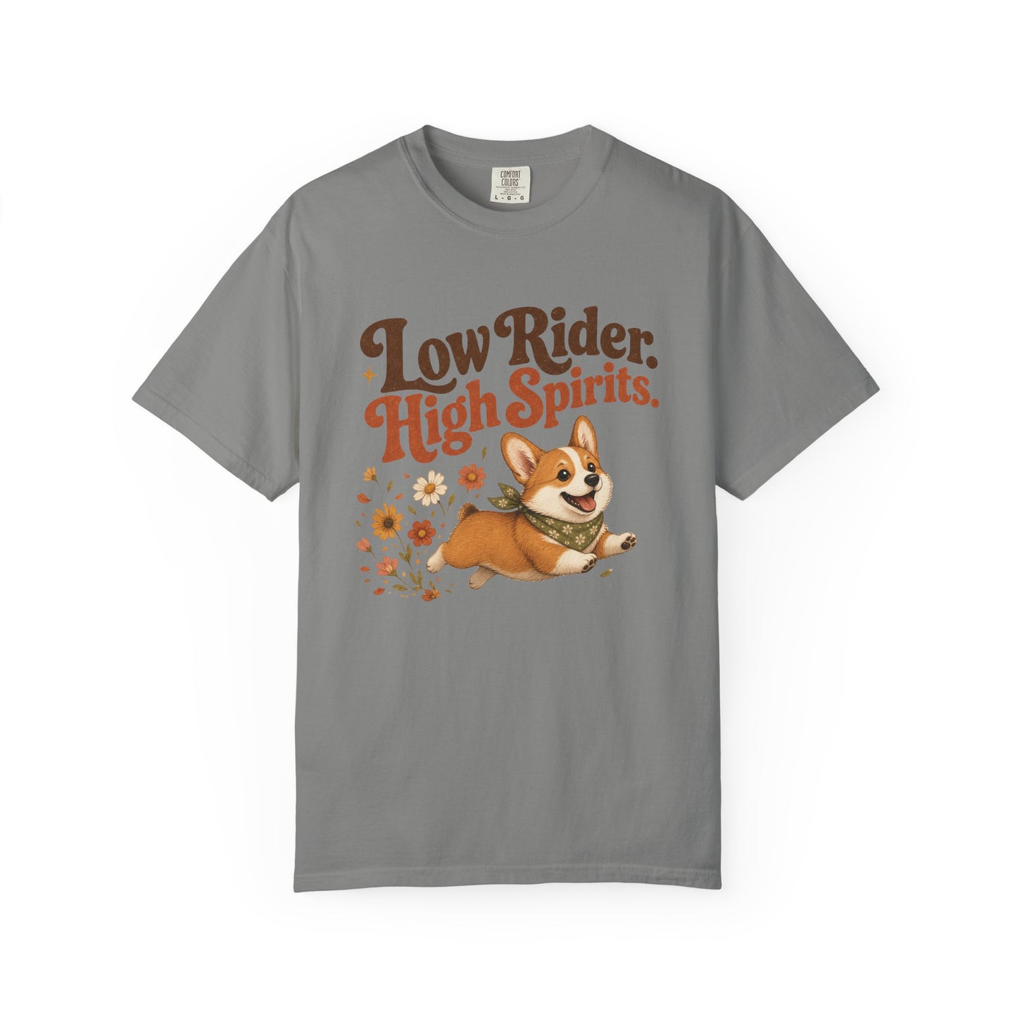 Low Rider High Spirits Corgi T-Shirt | Running Corgi Illustration, Autumn Leaves